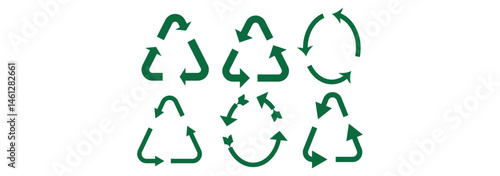 Collection of recycling and rotation arrow symbols. Recycle icons. Recycling arrows. Green icons for packaging, recycling. Ecology, environmentally friendly, environmental management symbols.
