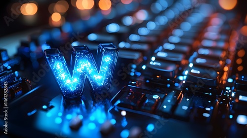 Luminous blue 3d letter w with internal light on dark metallic keyboard with warm bokeh background