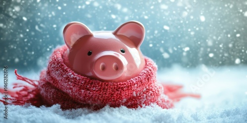 Cute pink piggy bank wrapped in a cozy red scarf surrounded by snowflakes during winter season
