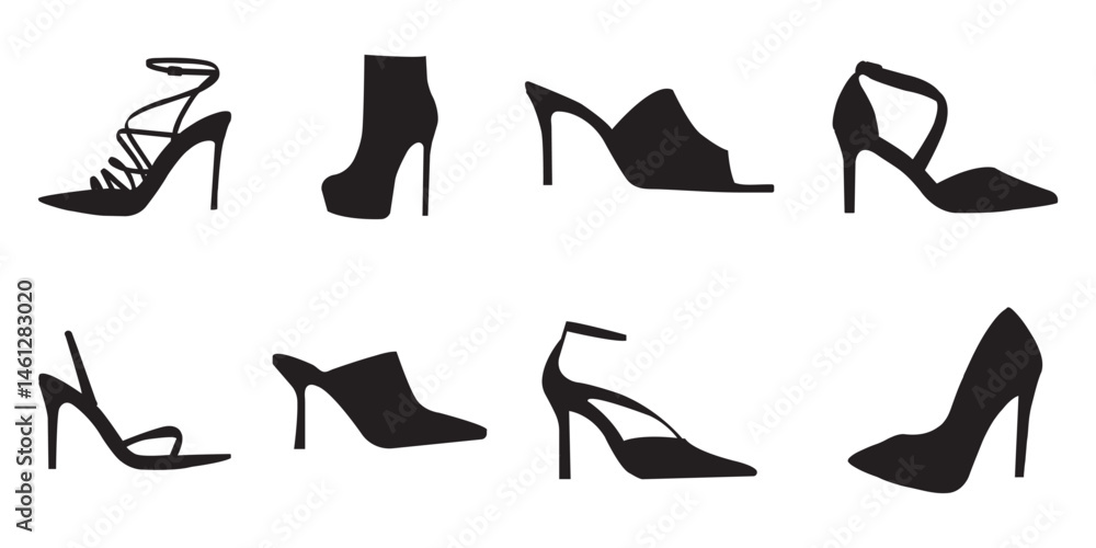 High heel woman shoe graphic icons set. Signs stiletto heels footwear isolated on white background. High heel woman shoe graphic icons set. Signs stiletto heels footwear isolated on white background.
