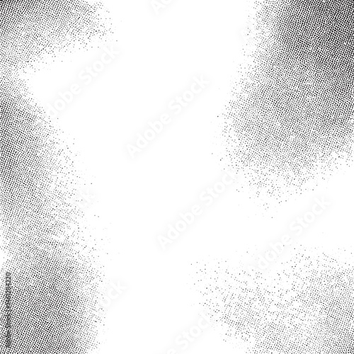 A stark white background is partially obscured by a dense of black dots creating an abstract texture.