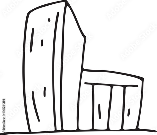 A simple stylized building stands prominently against a white background.