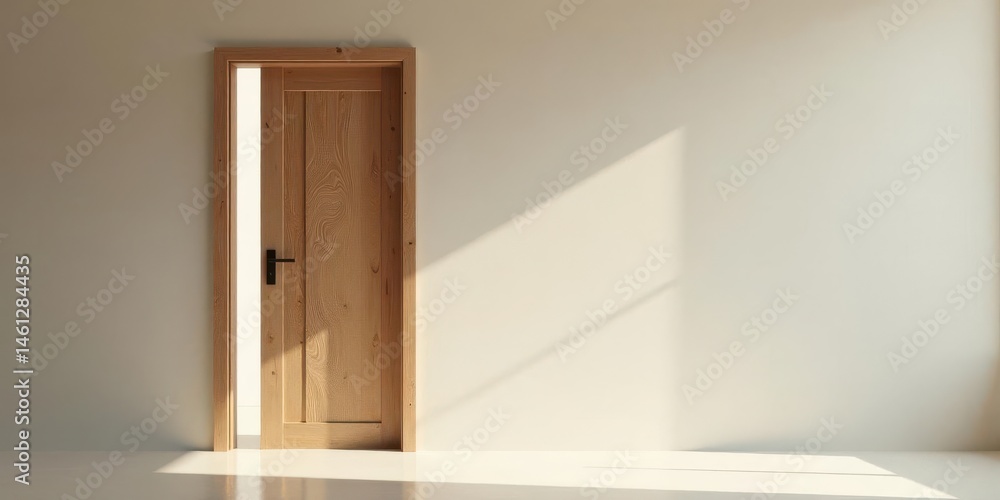 Fototapeta premium A slightly ajar light wood interior door in a minimalist room bathed in sunlight
