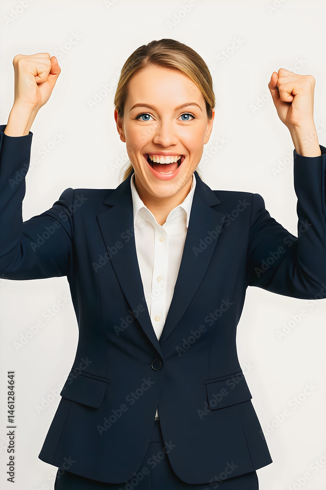 Beautiful cheerful female gesturing, hands up , smiling, happy expression, confident woman, white background