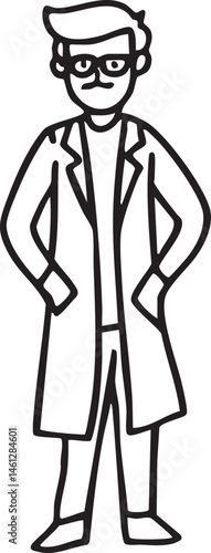 A man in a long coat stands confidently with his hands on his hips.