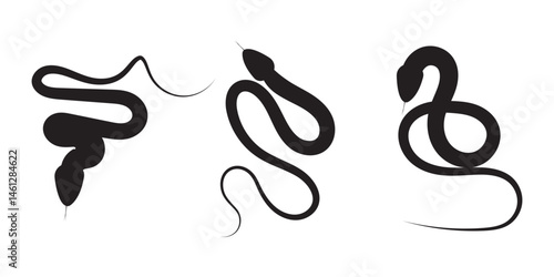Snake silhouette isolated on white background. Set of black snakes. 