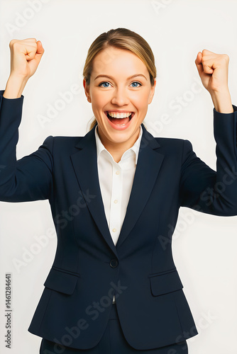 Obraz na płótnie Beautiful cheerful female gesturing, hands up , smiling, happy expression, confident woman, white background w salonie