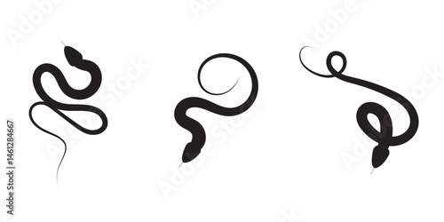 Snake silhouette isolated on white background. Set of black snakes. 