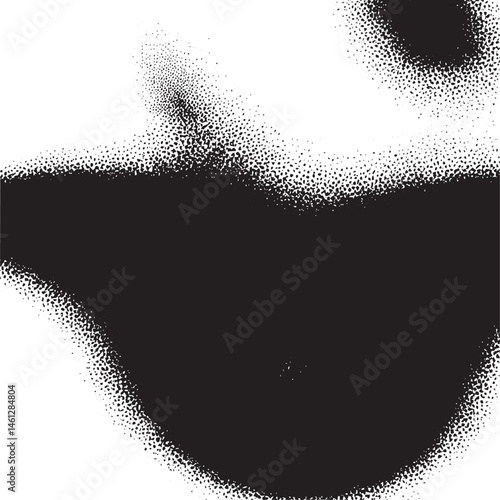 A close-up portrait showcases a blurred face composed of numerous small black dots creating an abstract and textured effect.