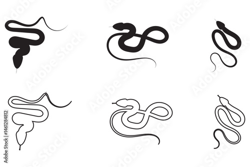 Snake silhouette isolated on white background. Set of black snakes. 