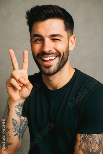 Confident gen z tattooed businessman smiling, gesturing, holding peace sign, alternative male model, fashion and lifestyle