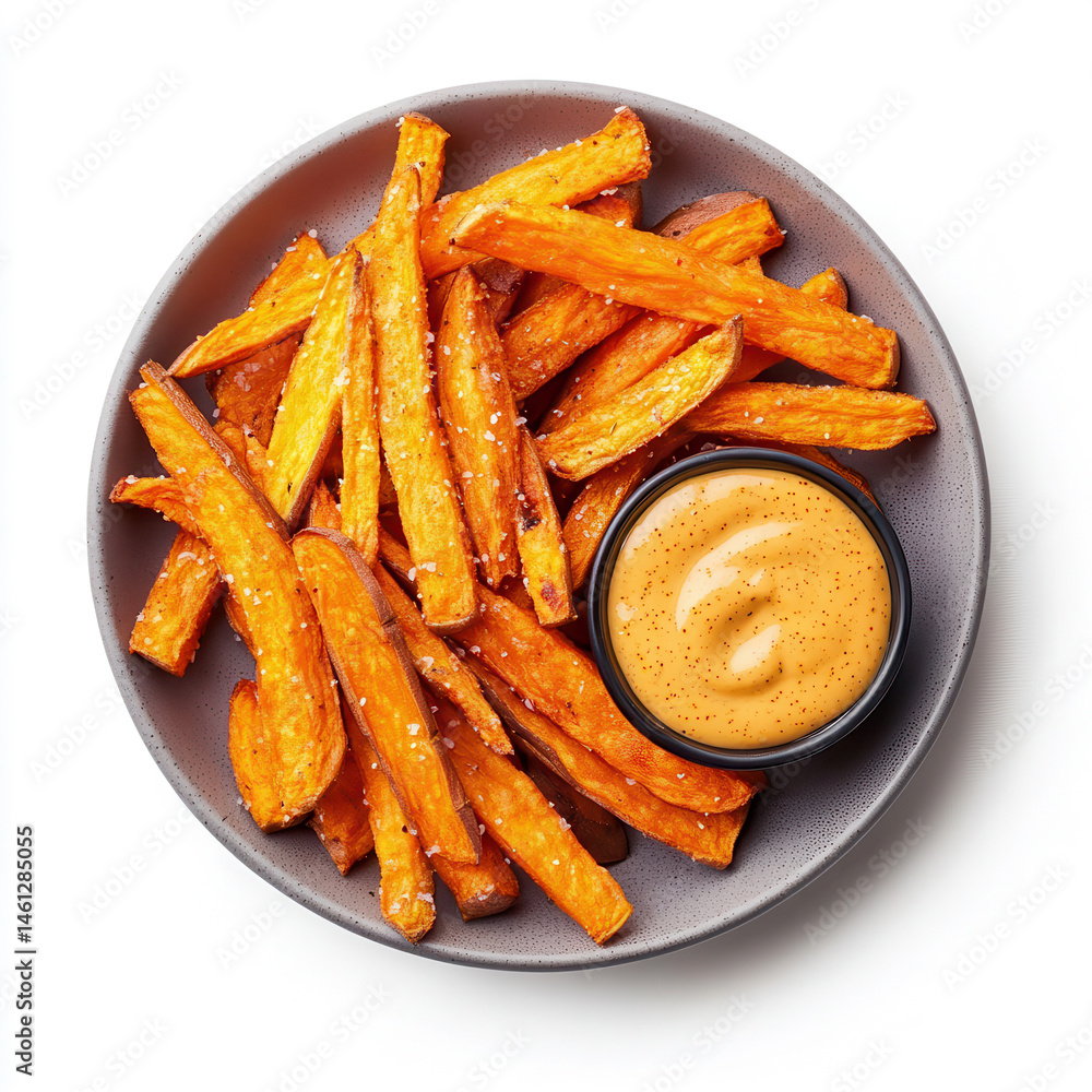 A plate of sweet potato fries with golden crispy texture and honey mustard dipping sauce on white background A plate of sweet potato fries with golden crispy texture and honey mustard dipping sauce on white background
