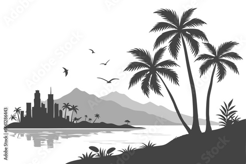 58 tropical island silhouette, palm trees, mountains, city skyline, reflective water, black and white, high contrast, panoramic view, serene landscape, monochromatic art, stylized illustration, tranqu