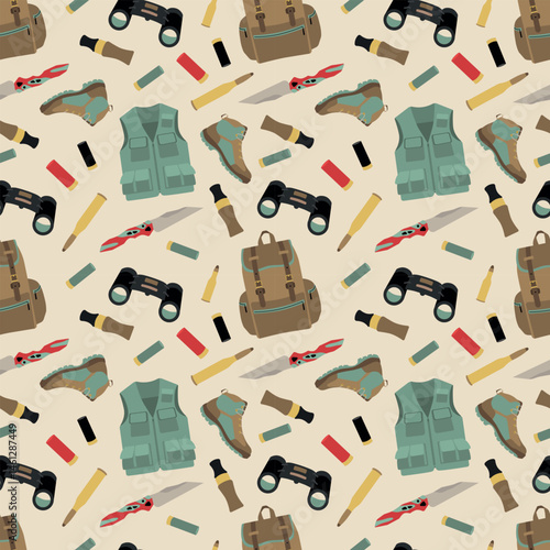 Hunting ammunition seamless pattern. Outdoor adventure gear including boots, backpacks, knives, and binoculars arranged on a neutral background.