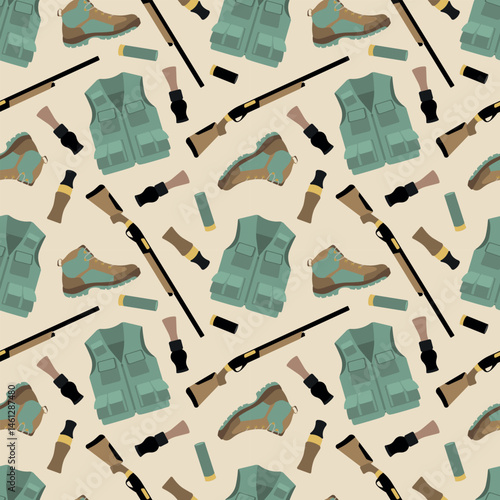 Hunting Gear Seamless Pattern with Equipment. Seamless vector illustration featuring a pattern of hunting gear, including boots, vests, rifles, bullets, and knives. 