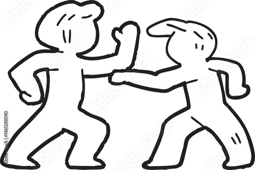 Two figures engage in a stylized hand-to-hand combat pose.