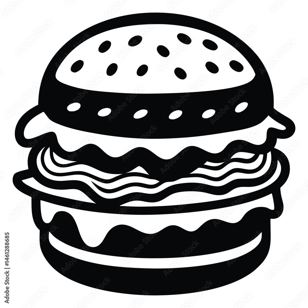 Hamburger Silhouette Vector, Delicious Big Burger Sesame Bun, Patty, Cheese, Lettuce, Tomato Hamburger Silhouette Vector, Delicious Big Burger Sesame Bun, Patty, Cheese, Lettuce, Tomato