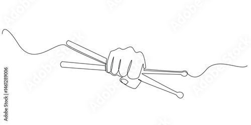 continuous line drawing of hand holding drum stick.single line drawing of drummer.music player.single line vector illustration.isolated white background.