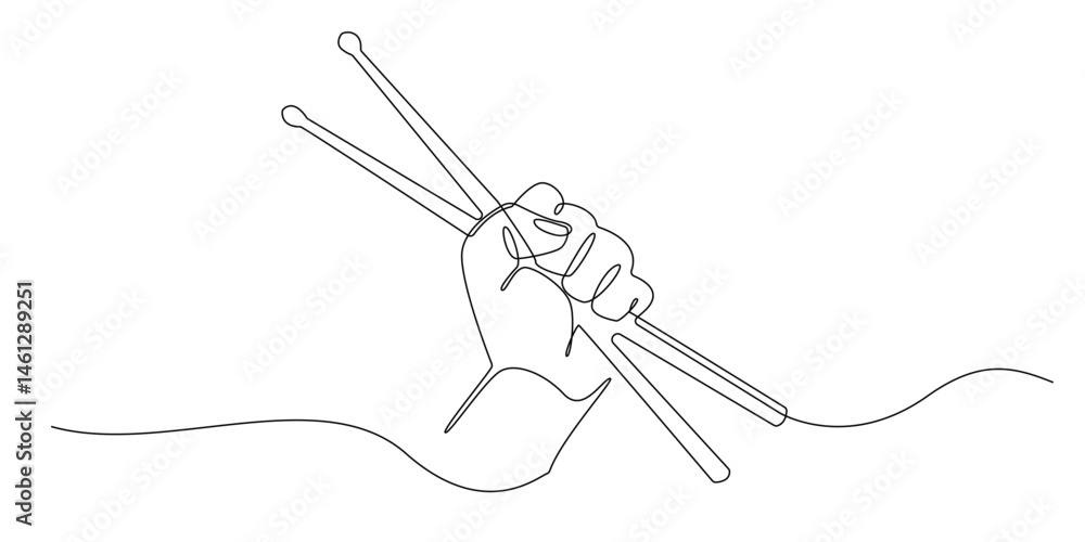 Obraz premium continuous line drawing of hand holding drum stick.single line drawing of drummer.music player.single line vector illustration.isolated white background.