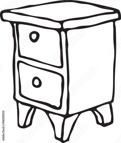 A simple stylized nightstand stands upright on four legs.