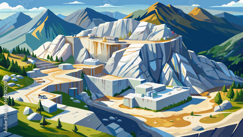 Aerial shot of a white marble quarry in the mountains, outdoor