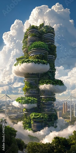 Sustainable future cityscape featuring a vertical forest and wind turbines