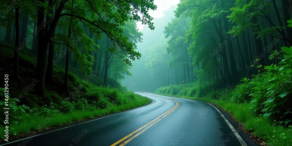 Obraz premium Serene Winding Road Through a Misty Green Forest on a Wet Day