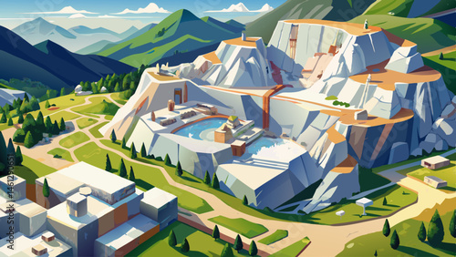 Aerial shot of a white marble quarry in the mountains, outdoor