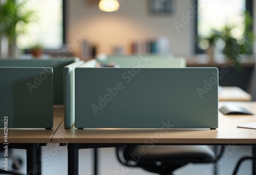 Wallpaper Mural Modern office workspace with green dividers and wooden desks Torontodigital.ca