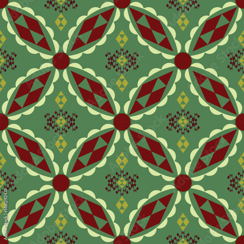 A vibrant geometric pattern featuring ovals and diamond shapes in red,light green and cool colors,creating a symmetrical, ethnic-inspired design on a green background.