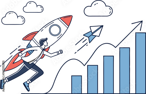 Business growth, investment profit increase, growing fast or improvement sales and revenue, progress or development concept, businessman riding rocket on growth bar graph or rising up revenue chart. 