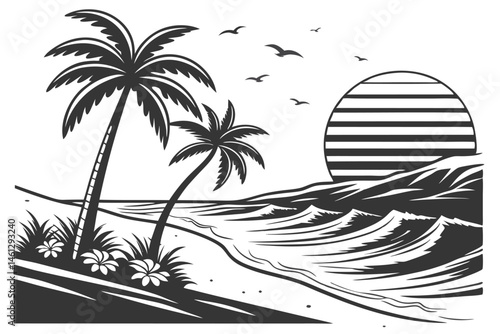 66 Black and white illustration, high contrast, ocean waves, mountains, coastal landscape, dramatic seas, rocky shore, turbulent water, silhouette of trees, detailed linework, woodcut style, scenic vi