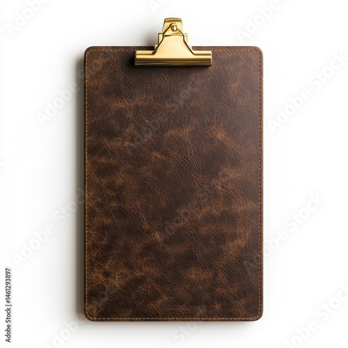 Elegant Brown Leather Clipboard with Golden Clip for Office Use