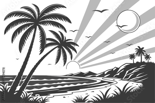 66 Black and white illustration, high contrast, ocean waves, mountains, coastal landscape, dramatic seas, rocky shore, turbulent water, silhouette of trees, detailed linework, woodcut style, scenic vi