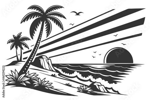66 Black and white illustration, high contrast, ocean waves, mountains, coastal landscape, dramatic seas, rocky shore, turbulent water, silhouette of trees, detailed linework, woodcut style, scenic vi