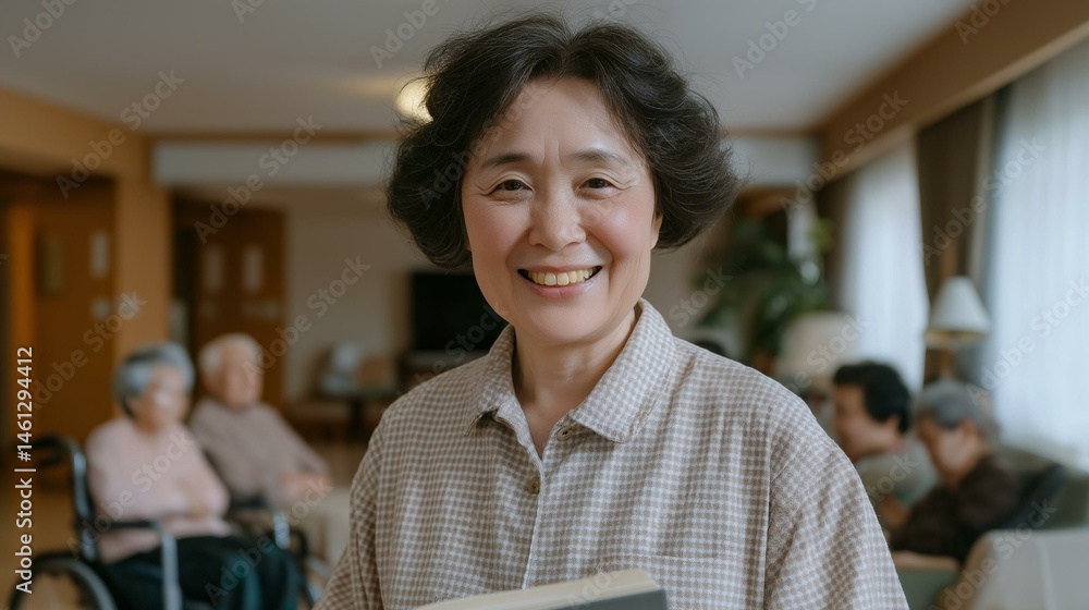 A joyful elderly woman smiles warmly while holding a book, surrounded by a vibrant community of seniors. A joyful elderly woman smiles warmly while holding a book, surrounded by a vibrant community of seniors.