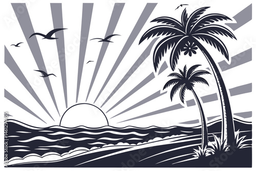 66 Black and white illustration, high contrast, ocean waves, mountains, coastal landscape, dramatic seas, rocky shore, turbulent water, silhouette of trees, detailed linework, woodcut style, scenic vi