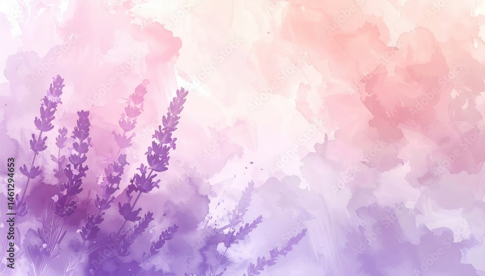 Naklejka premium Blossoming lavender fields at sunset nature scene watercolor art tranquil environment soft pastel viewpoint serenity concept for relaxation