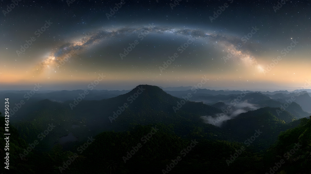 Fototapeta premium Panoramic View Of Mountains At Night Under Milky Way Galaxy