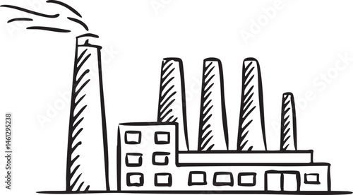 A stylized black and white drawing depicts a factory complex with multiple smokestacks.