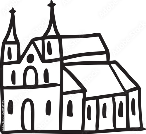 A black and white depicts a multi-tiered building with prominent spires.