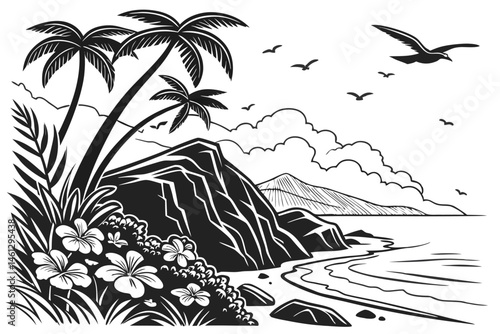 61 Tropical island silhouette, palm trees, ocean waves, rocky cliffs, hibiscus flowers, seagulls, fluffy clouds, distant mountains, black and white illustration, high contrast, detailed linework, vint