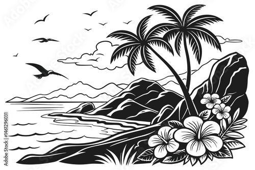 61 Tropical island silhouette, palm trees, ocean waves, rocky cliffs, hibiscus flowers, seagulls, fluffy clouds, distant mountains, black and white illustration, high contrast, detailed linework, vint