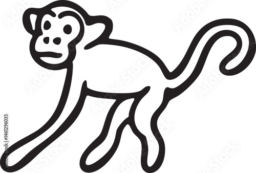 A stylized black and white monkey figure stands upright.