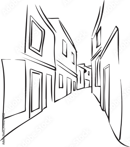 A black and white sketch depicts a winding street lined with buildings receding into the distance.