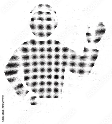 A silhouetted individual gestures enthusiastically with outstretched arms.