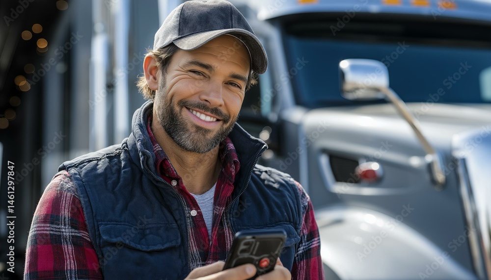 A smiling truck driver stands near his vehicle, holding a smartphone. He conveys confidence and approachability.