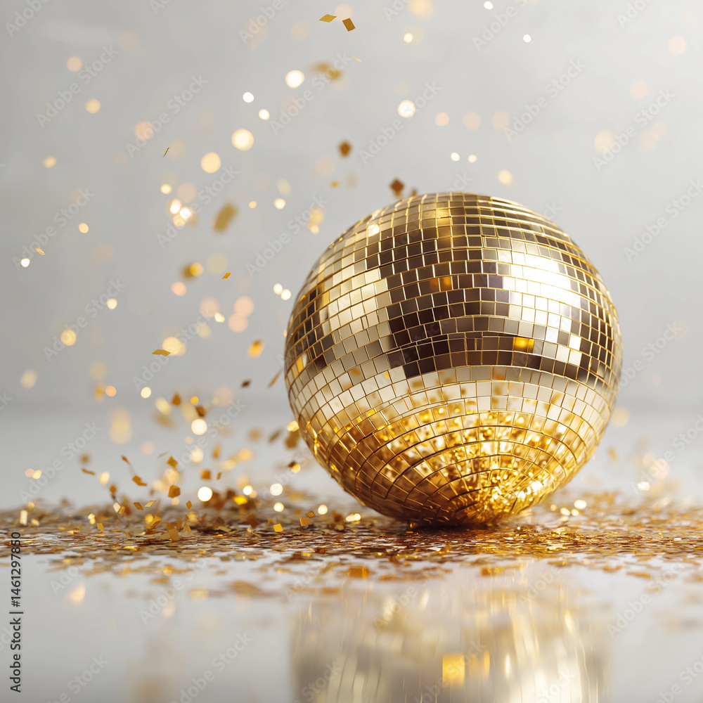 Obraz premium Disco Ball Glamour: A golden disco ball rests on a surface, surrounded by sparkling golden confetti, creating a vibrant and celebratory atmosphere.