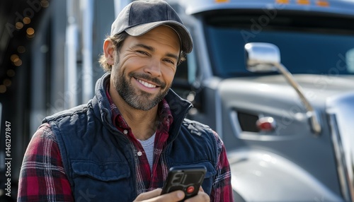 Obraz na płótnie A smiling truck driver stands near his vehicle, holding a smartphone. He conveys confidence and approachability. w salonie
