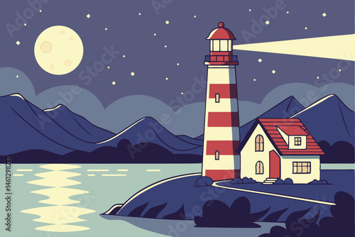 62 lighthouse at night, coastal landscape, moonlit sky, starry night, calm waters, mountain silhouettes, red and white striped lighthouse, glowing lighthouse beacon, reflections on water, cartoon styl